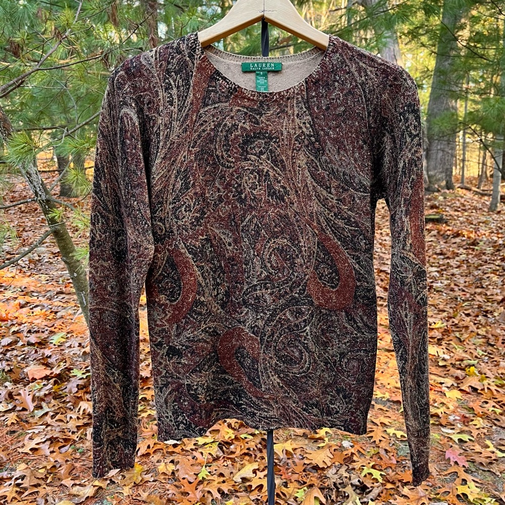 Lauren Ralph Lauren Silk & Cashmere Paisley Knit Metallic Sweater Size S